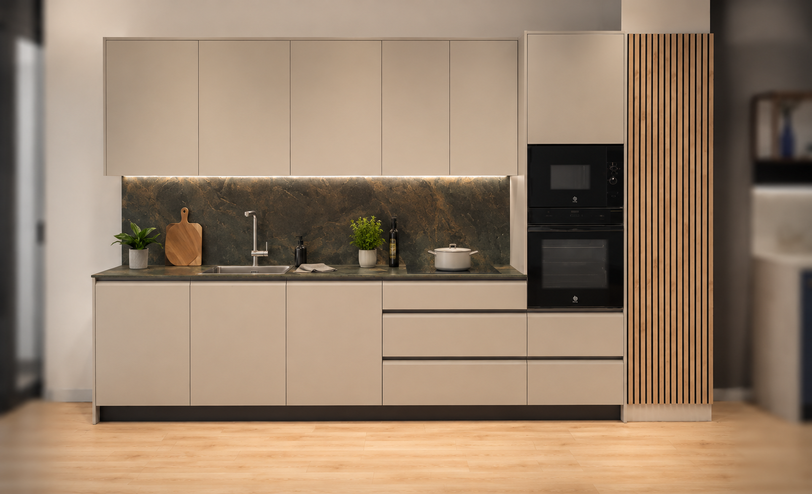 Módulo Cocina Amazonía Minimalista color taupe con tirador gola — exposición Meraki Zaragoza