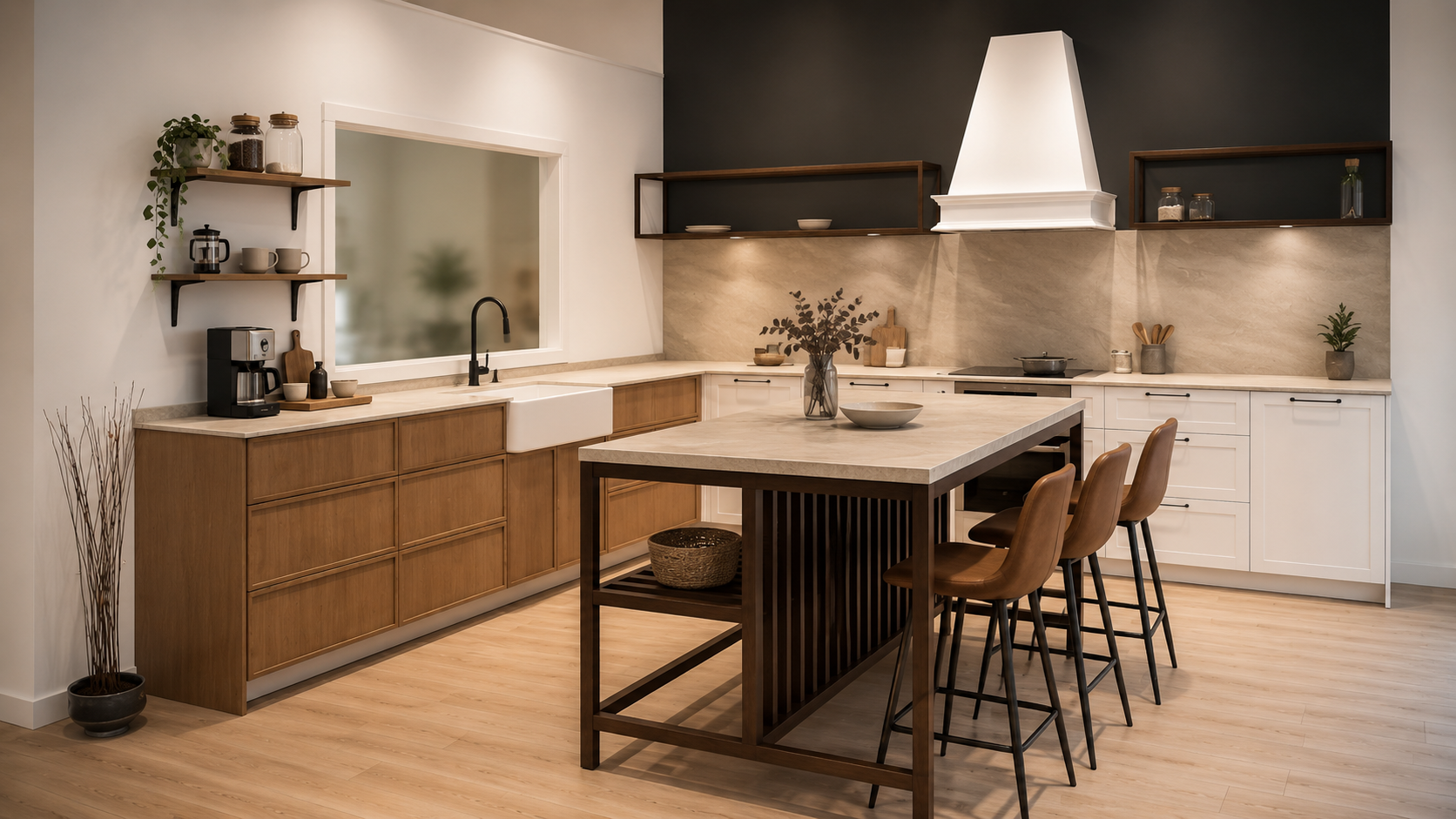Módulo Cocina Aura Orgánica con isla blanca central y roble claro — exposición Meraki Zaragoza
