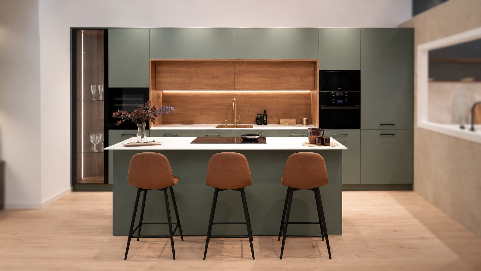 Módulo Cocina Oliva Mediterránea con isla en verde salvia — exposición Meraki Zaragoza