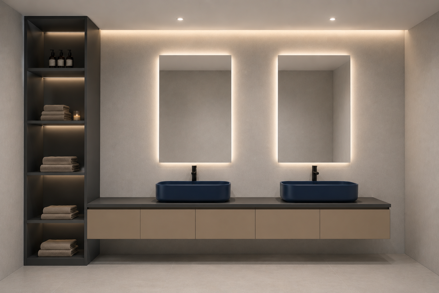 Baño con doble lavabo azul y espejos ovalados con luz LED — Meraki Zaragoza