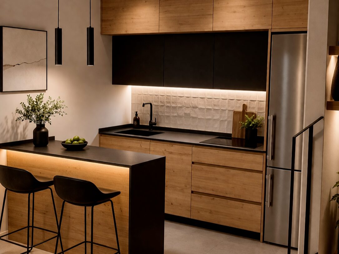 Cocina Ébano arquitectónica en negro mate y roble — Meraki Cadrete